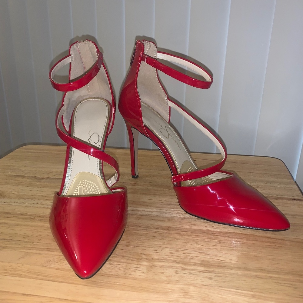 Jessica Simpson PIEPER Pointed Toe Glossy Red Ankle Strap Stiletto Pumps EUC